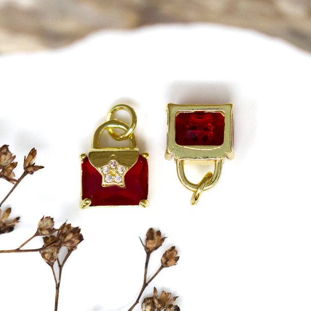 Gold Plated Micro Pave 12x10mm Red Purse