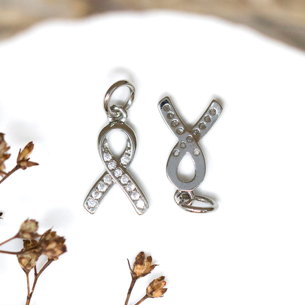 Silver Plated Micro Pave 13x8mm Ribbon Charm