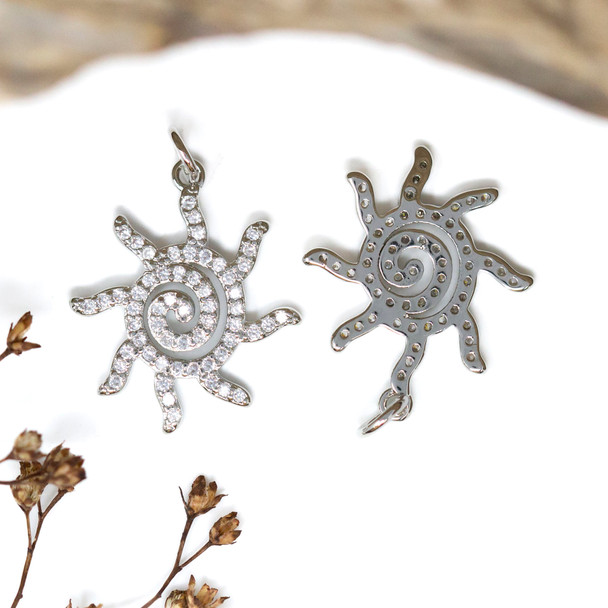 Silver Plated Micro Pave 22x18mm Spiral Sun Charm