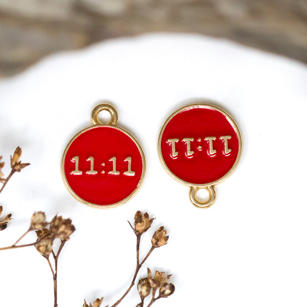 Gold Plated Enamel 12mm Red 11:11 Coin Charm