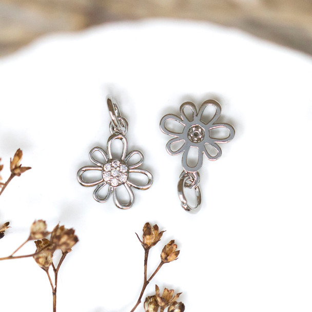 Silver Plated Micro Pave 10mm Organic Flower Charm
