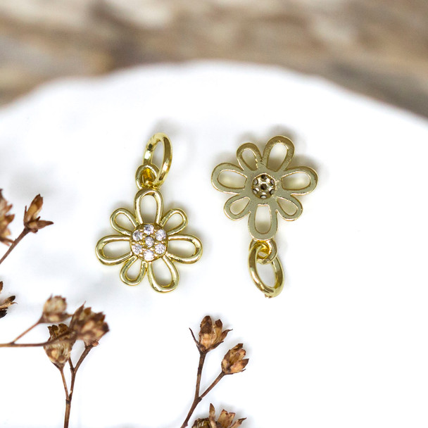 Gold Plated Micro Pave 10mm Organic Flower Charm