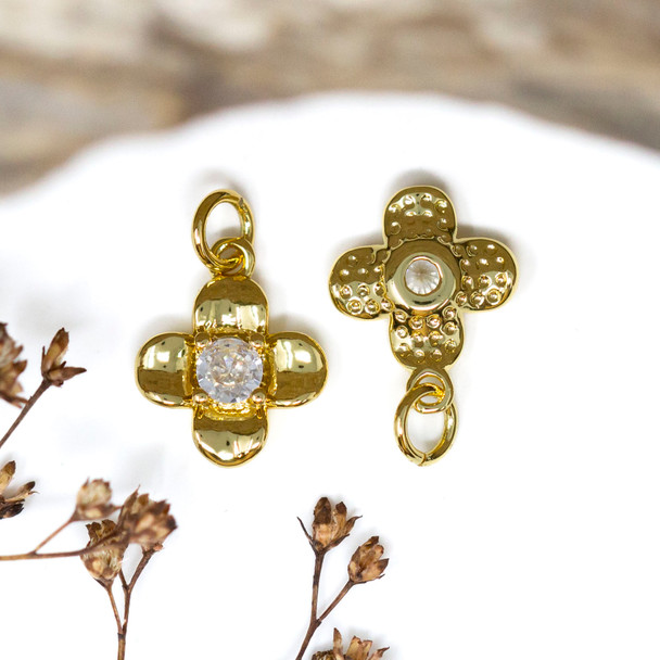 Gold Plated Micro Pave 11mm 4 Petal Flower Charm