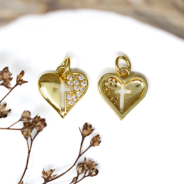 Gold Plated Micro Pave 12mm Cross in Heart Charm