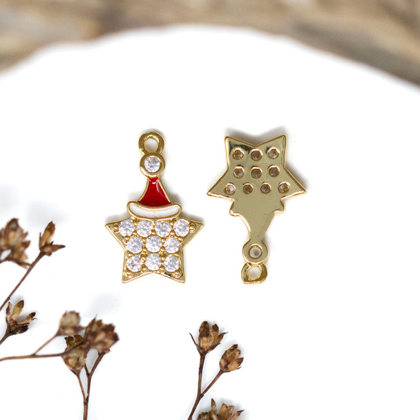 Gold Plated Micro Pave 10mm Santa Hat Star Charm