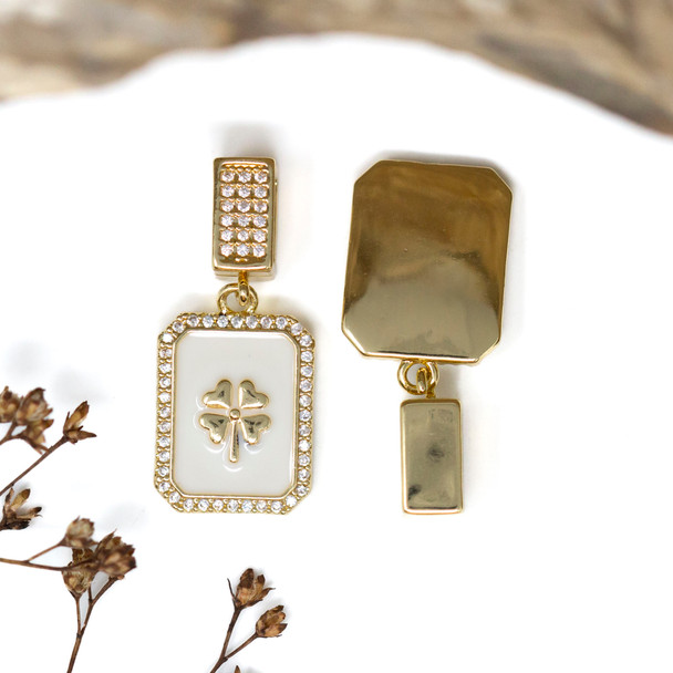 Gold Plated Micro Pave Enamel 29x13mm White Rectangle 4 Leaf Clover Charm