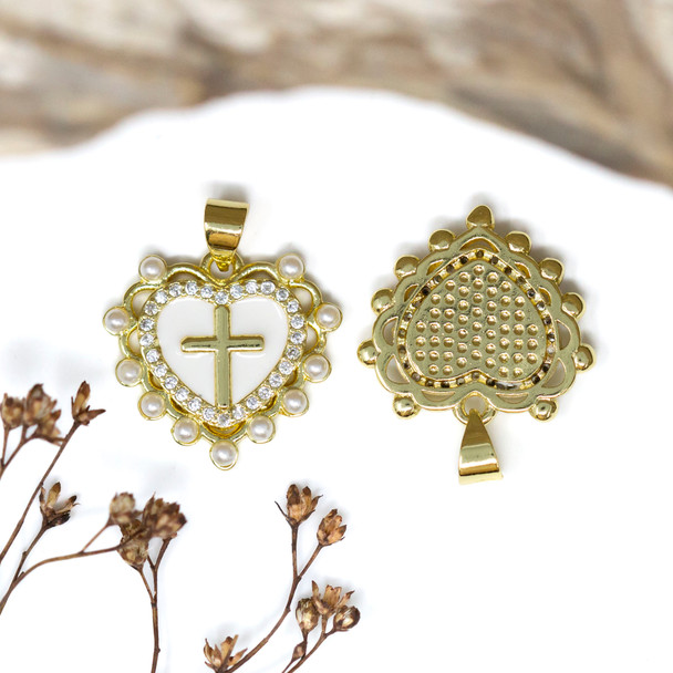 Gold Plated Micro Pave Imitation Pearl 19mm Cross in Heart Charm