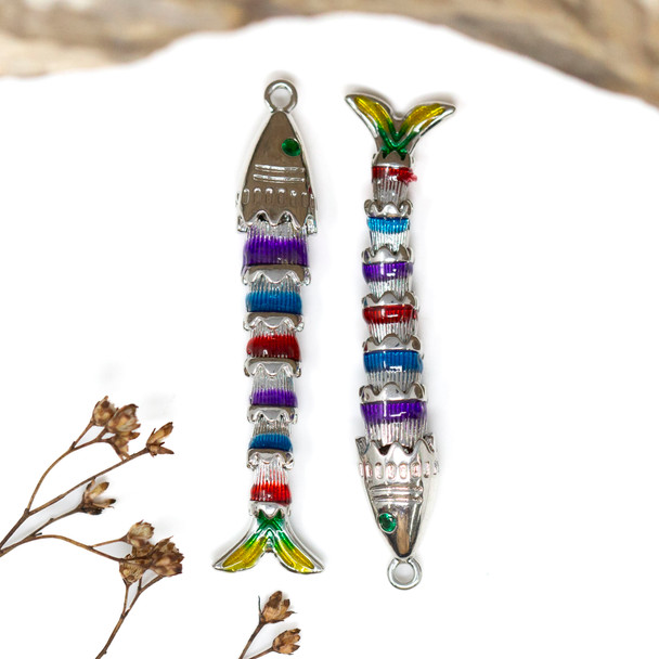 Silver Plated Enamel 45x6mm Multi Colored Sardine Fish Charm