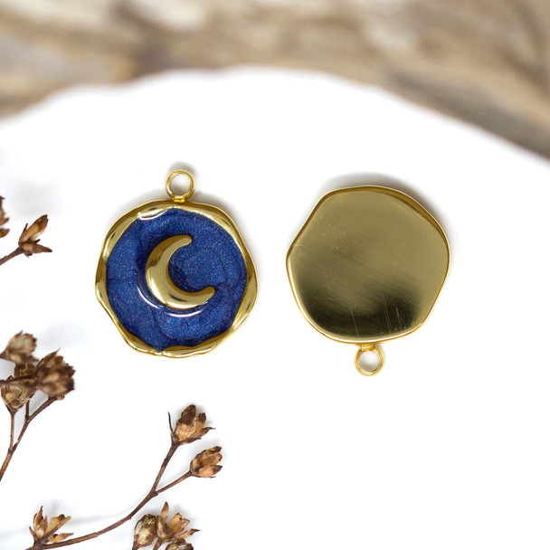 Gold Plated Stainless Steel Enamel 13mm Navy Blue Moon Charm
