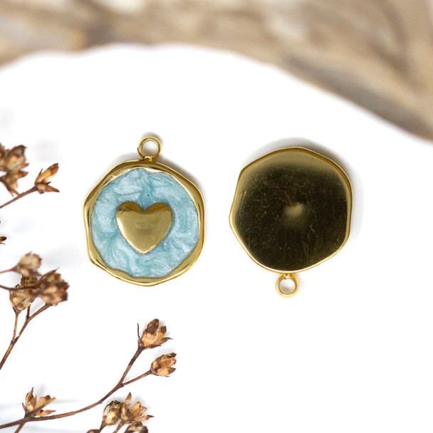 Gold Plated Stainless Steel Enamel 13mm Turquoise Heart Charm