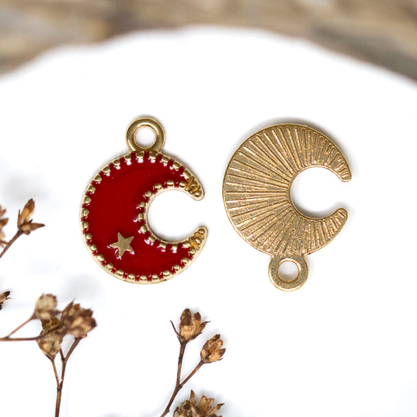 Gold Plated Enamel 16x13mm Red Moon Star Charm