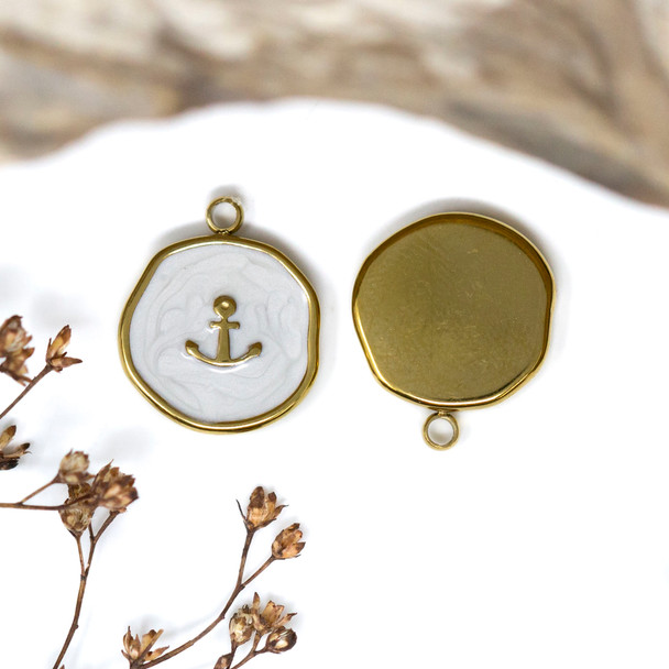 Gold Plated Stainless Steel Enamel 15mm White Anchor Charm