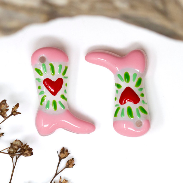 Lampwork Glass 24x17mm Pink Cowboy Boot Bead