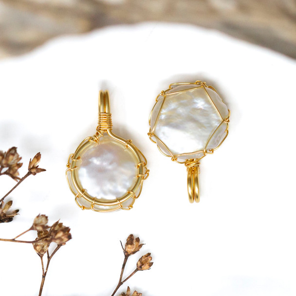 Gold Plated Polished 13mm Wire Wrapped Freshwater Potato Pearl Charm