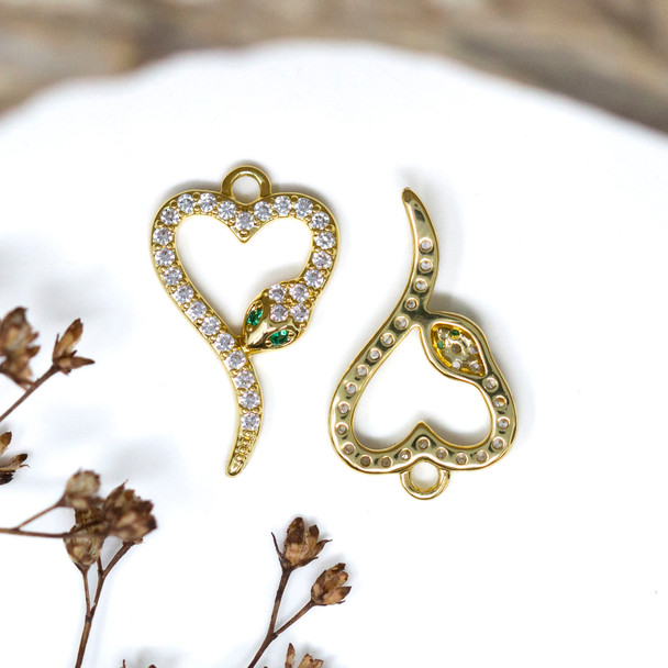 Gold Plated Micro Pave 12x19mm Snake Heart Charm