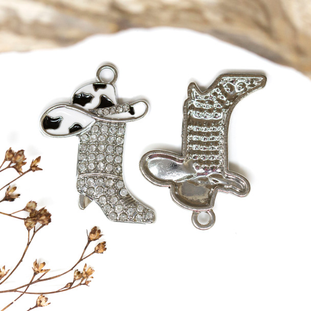 Silver Plated Micro Pave 24x34mm Cow Print Cowboy Boot Hat Charm