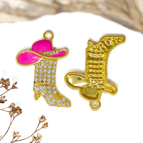 Gold Plated Micro Pave 24x34mm Hot Pink Cowboy Boot & Hat Charm