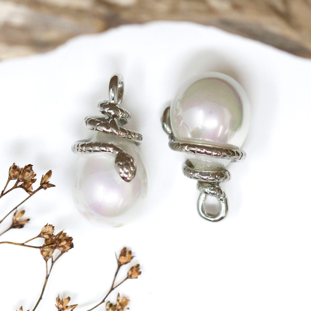 Silver Plated 25x14mm Shell Pearl Snake Drop Pendant