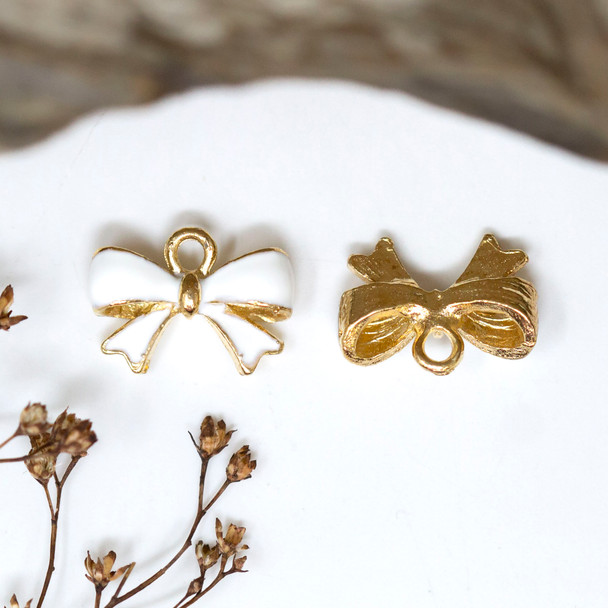 Gold Plated Enamel 12x16mm White Bow Charm