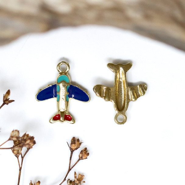 Gold Plated Enamel 14mm Multi Colored Plane Charm