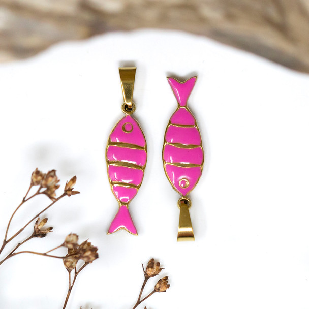 Gold Plated Stainless Steel Enamel 22x7mm Pink Gold Fish Charm