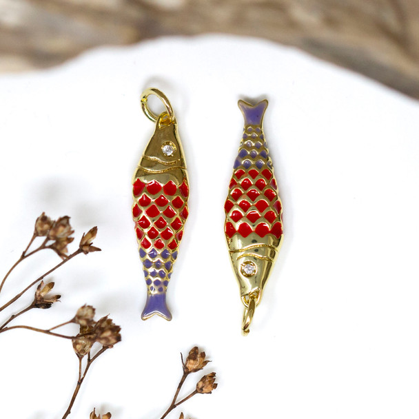 Gold Plated Enamel 25x8mm CZ Red Fish Charm