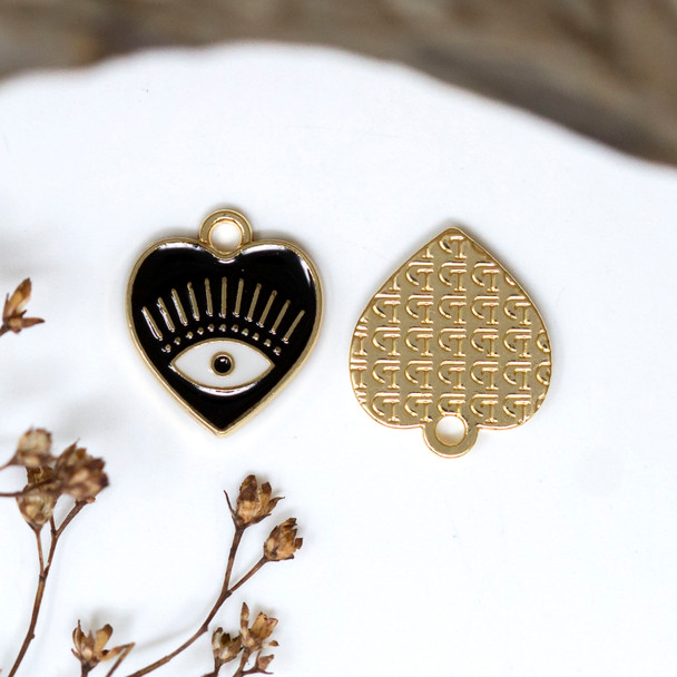 Gold Plated Enamel 13mm Black Evil Eye Heart Charm