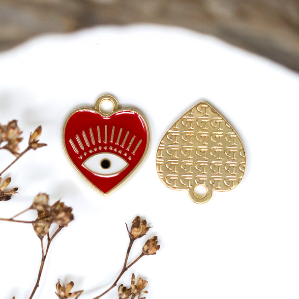 Gold Plated Enamel 13mm Red Evil Eye Heart Charm