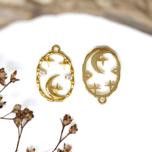 Gold Plated Micro Pave 16x11mm Oval Moon & Stars Charm
