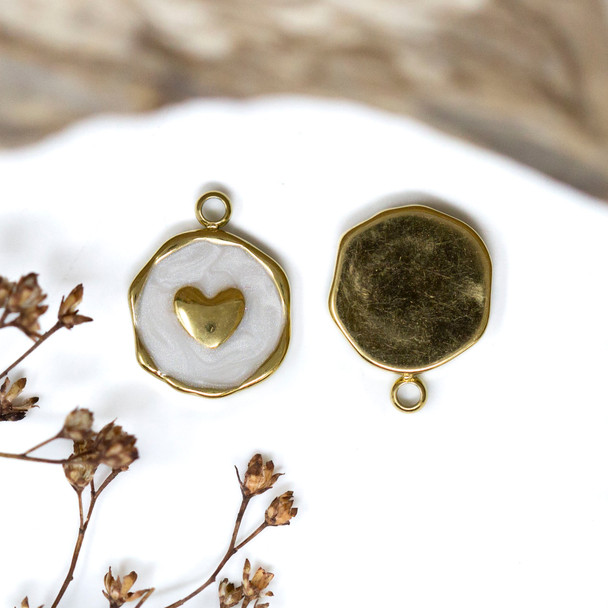 Gold Plated Stainless Steel Enamel 13mm White Heart Charm