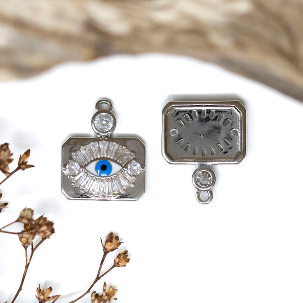 Silver Plated Micro Pave Enamel 17x14mm Rectangle Evil Eye Charm