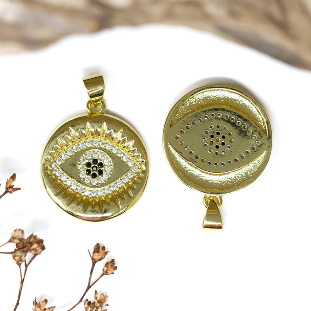 Gold Plated Micro Pave 19mm Evil Eye Disc Charm