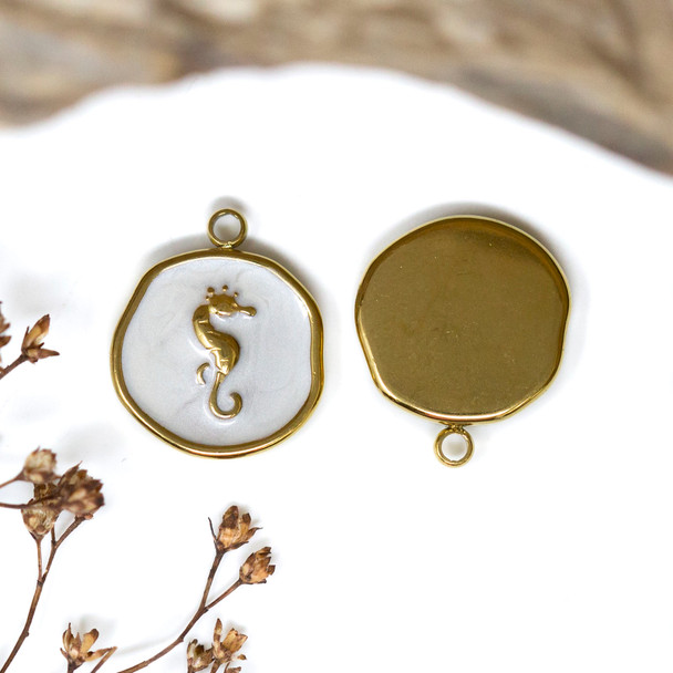 Gold Plated Stainless Steel Enamel 15mm White Seahorse Charm