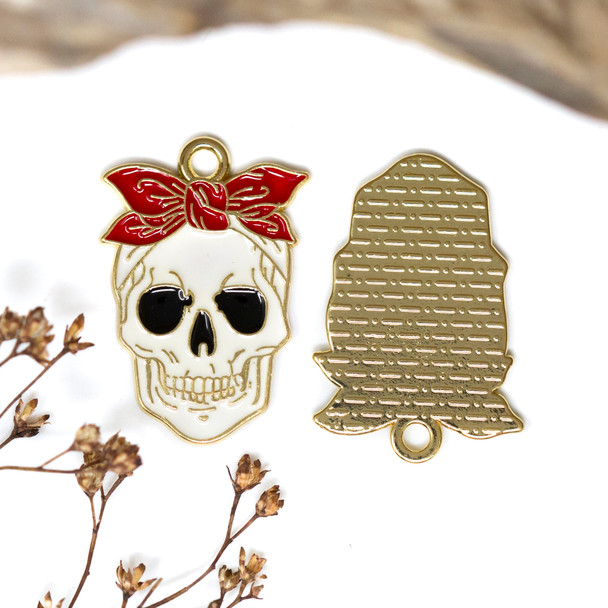 Gold Plated Enamel 27x18mm Red Bow Skull Charm