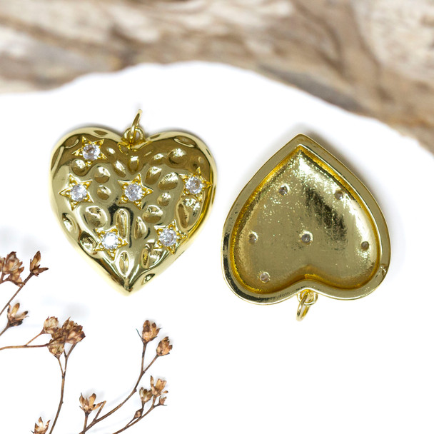 Gold Plated Micro Pave 25mm Heart with Stars Charm