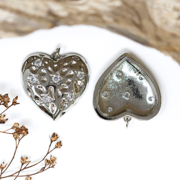Silver Plated Micro Pave 25mm Heart with Stars Charm