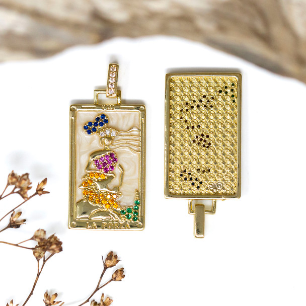 Gold Plated Micro Pave Enamel 27x15mm Mermaid Tarot Pendant