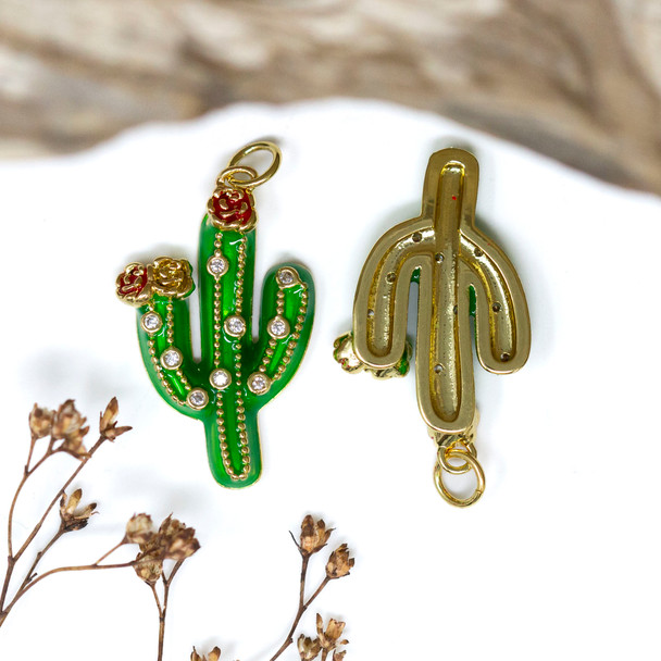 18K Gold Plated 27x16mm Enamel Cactus with Flowers Charm