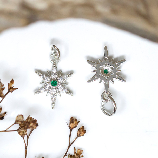 Silver Plated Micro Pave 15x10mm Green North Star Charm
