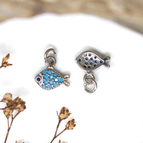 Silver Plated Micro Pave 9x6mm Blue Fish Charm