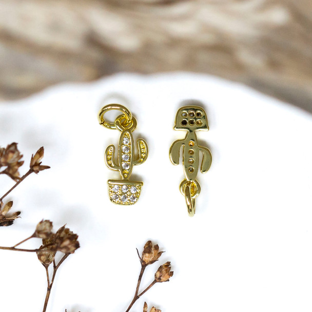Gold Plated Micro Pave 12x6mm Tiny Cactus Pot Charm