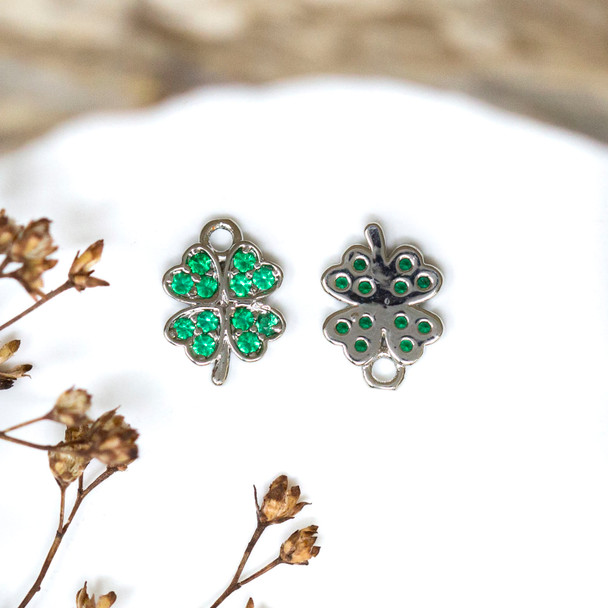 Silver Plated Micro Pave 8mm Green 4 Leaf Clover Charm