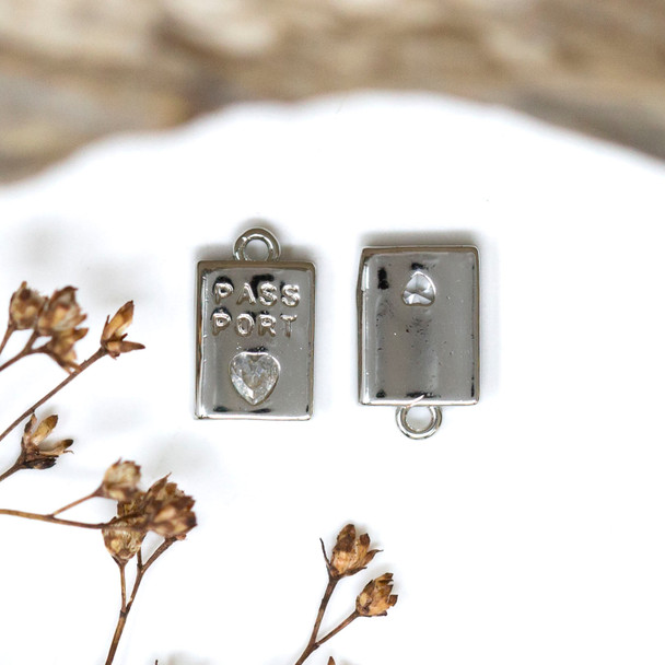 Silver Plated Micro Pave 10x8mm Passport Charm