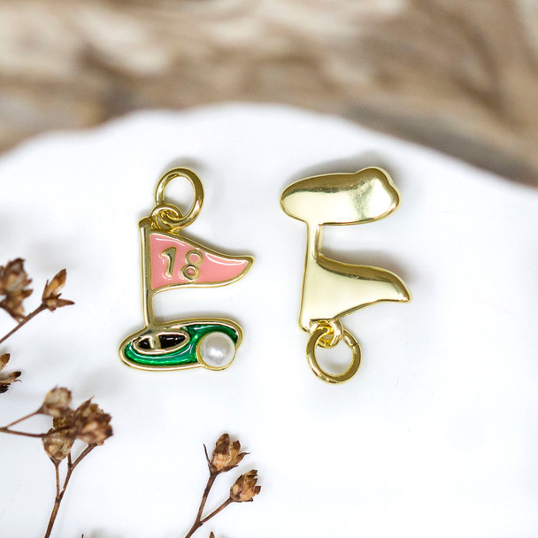 Gold Plated Enamel Pearl 15x11mm 18th Hole Golf Charm