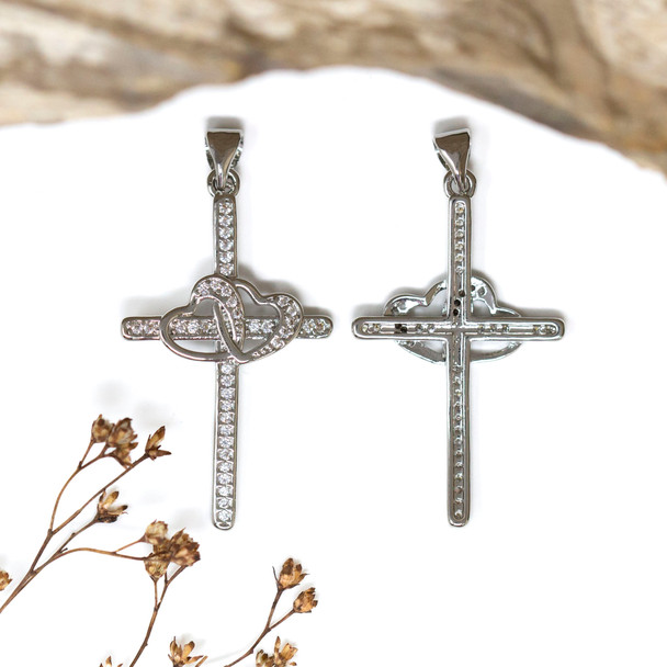 Silver Plated Micro Pave 37x22mm Heart Cross Charm