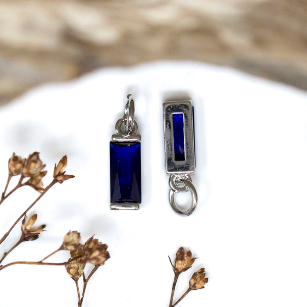 Silver Plated Micro Pave 4x12mm Dark Blue Rectangle Charm