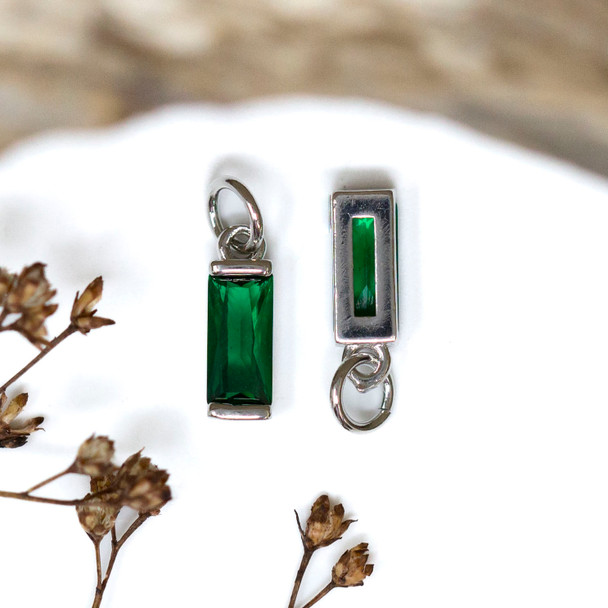 Silver Plated Micro Pave 4x12mm Green Rectangle Charm