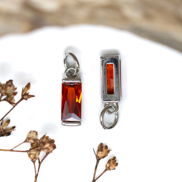 Silver Plated Micro Pave 4x12mm Orange Rectangle Charm