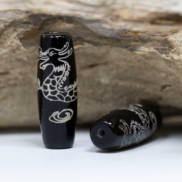 Tibetan Style Agate Polished 14x39mm Black Dragon Rice Bead
