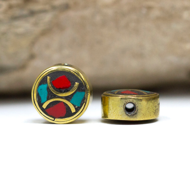 Turquoise & Coral Brass Inlaid 10mm Coin Bead